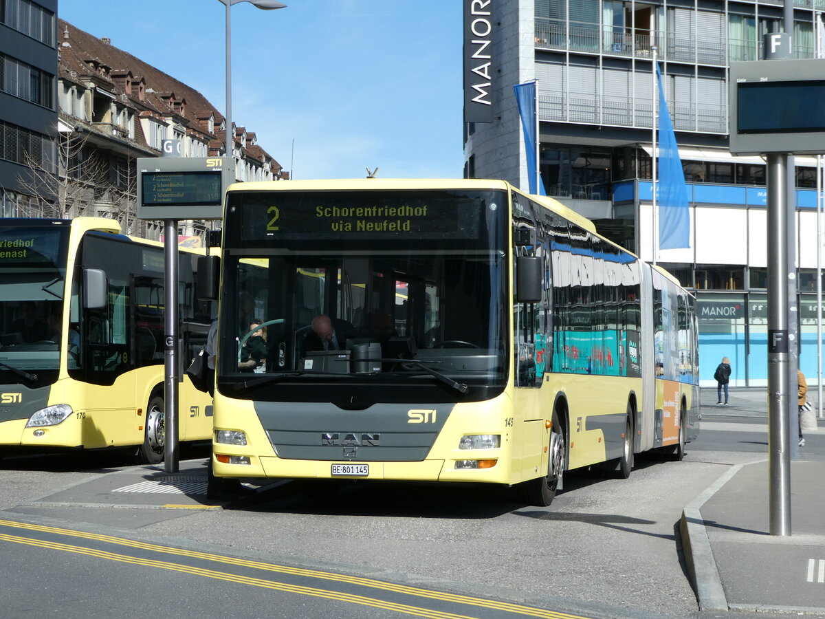 (247'551) - STI Thun - Nr. 145/BE 801'145 - MAN am 22. M�rz 2023 beim Bahnhof Thun