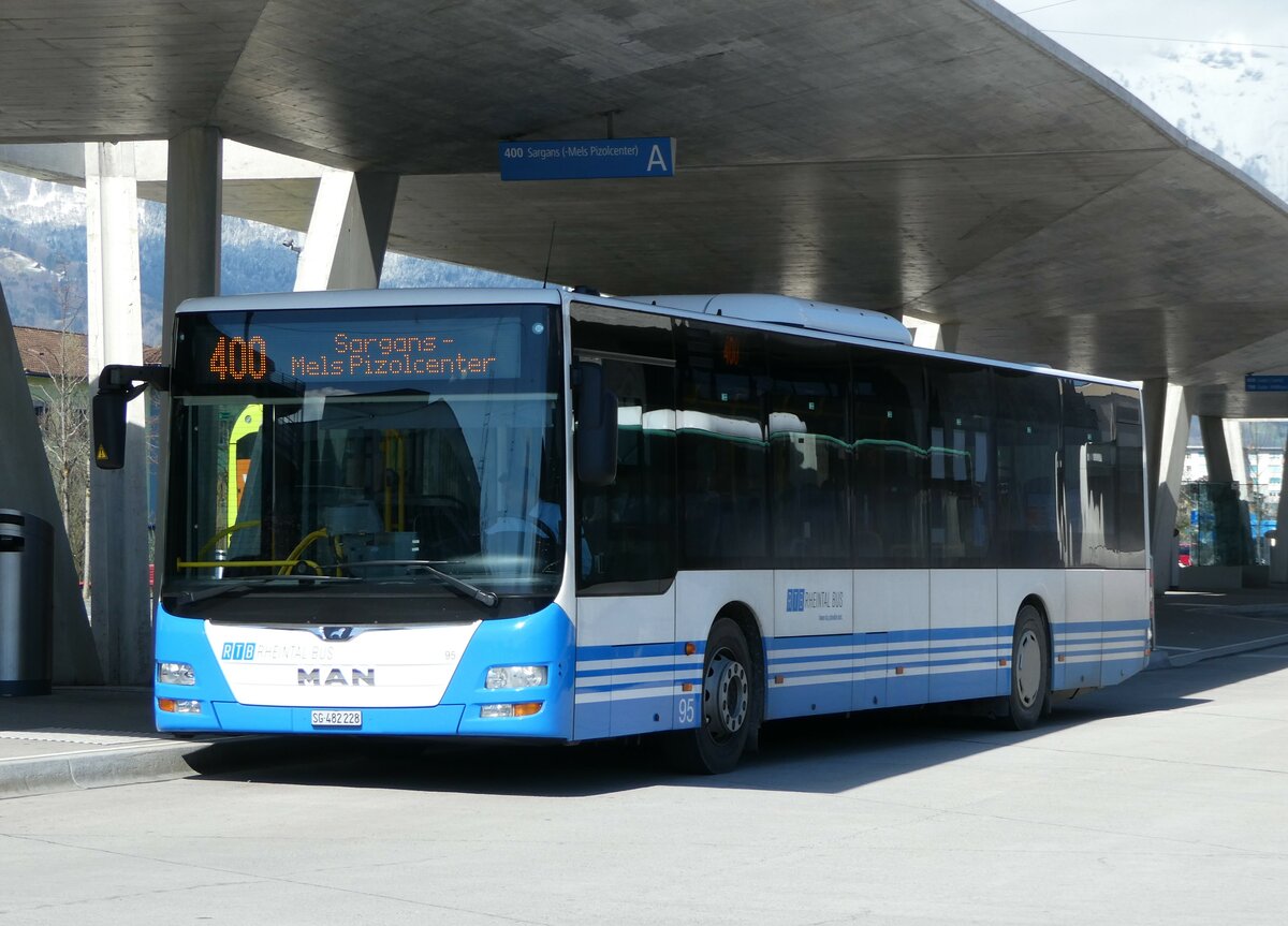 (247'784) - RTB Altst�tten - Nr. 95/SG 482'228 - MAN (ex PostBus/A BD 15'346) am 28. M�rz 2023 beim Bahnhof Buchs
