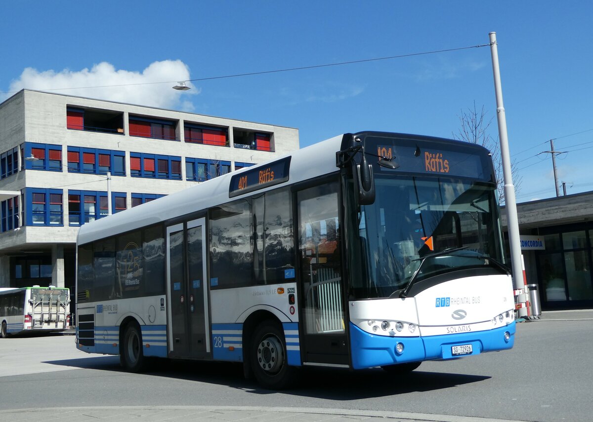 (247'785) - RTB Altst�tten - Nr. 28/SG 72'926 - Solaris am 28. M�rz 2023 beim Bahnhof Buchs