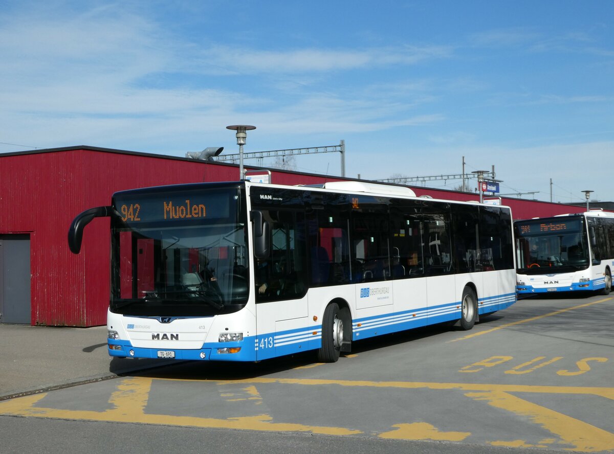 (247'823) - BOTG Amriswil - Nr. 413/TG 691 - MAN am 28. M�rz 2023 beim Bahnhof Amriswil