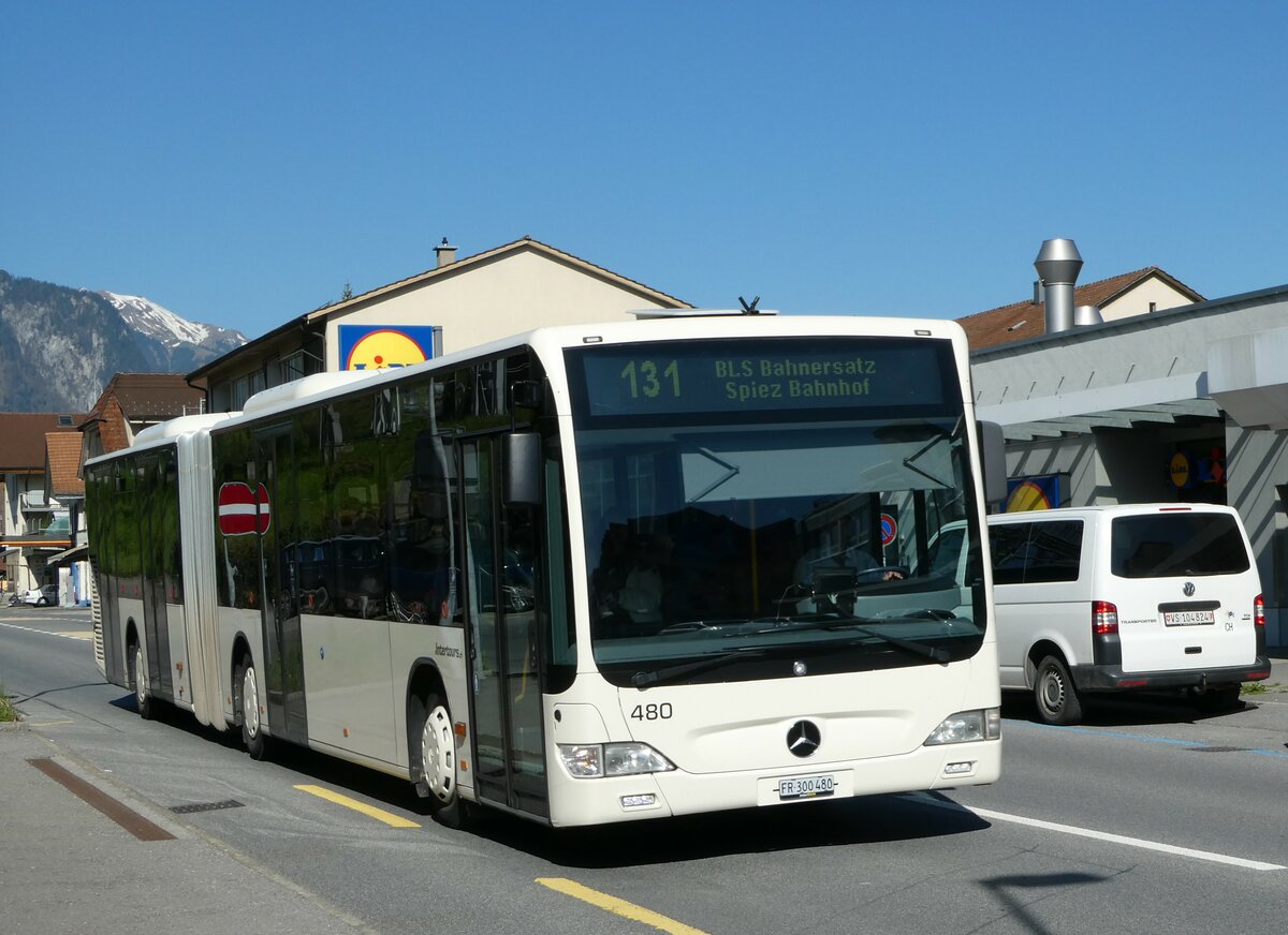 (249'463) - Intertours, Domdidier - Nr. 480/FR 300'480 - Mercedes (ex Nr. 210; EXTI Thun Nr. 134) am 3. Mai 2023 in Spiez, L�tschbergplatz