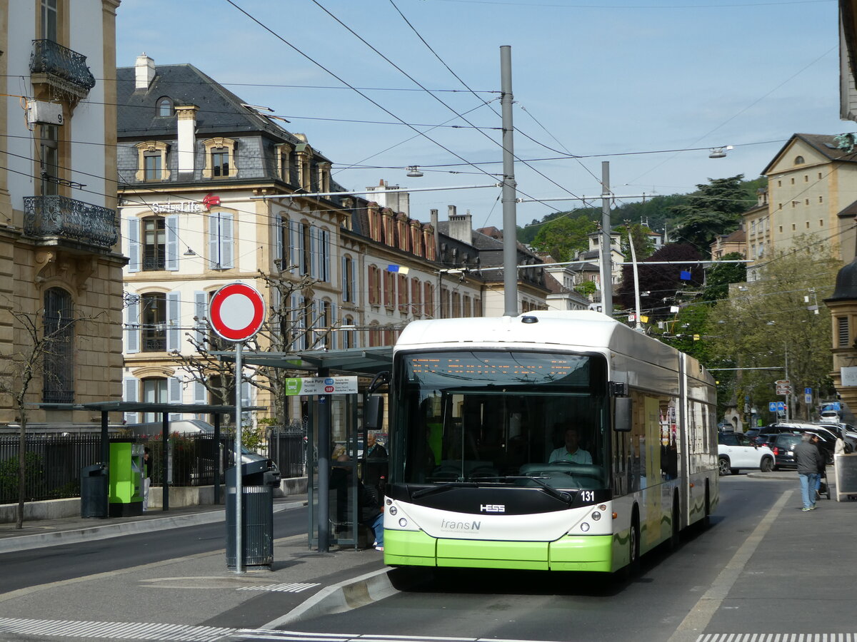 (249'574) - transN, La Chaux-de-Fonds - Nr. 131 - Hess/Hess Gelenktrolleybus (ex TN Neuch�tel Nr. 131) am 5. Mai 2023 in Neuch�tel, Place Pury