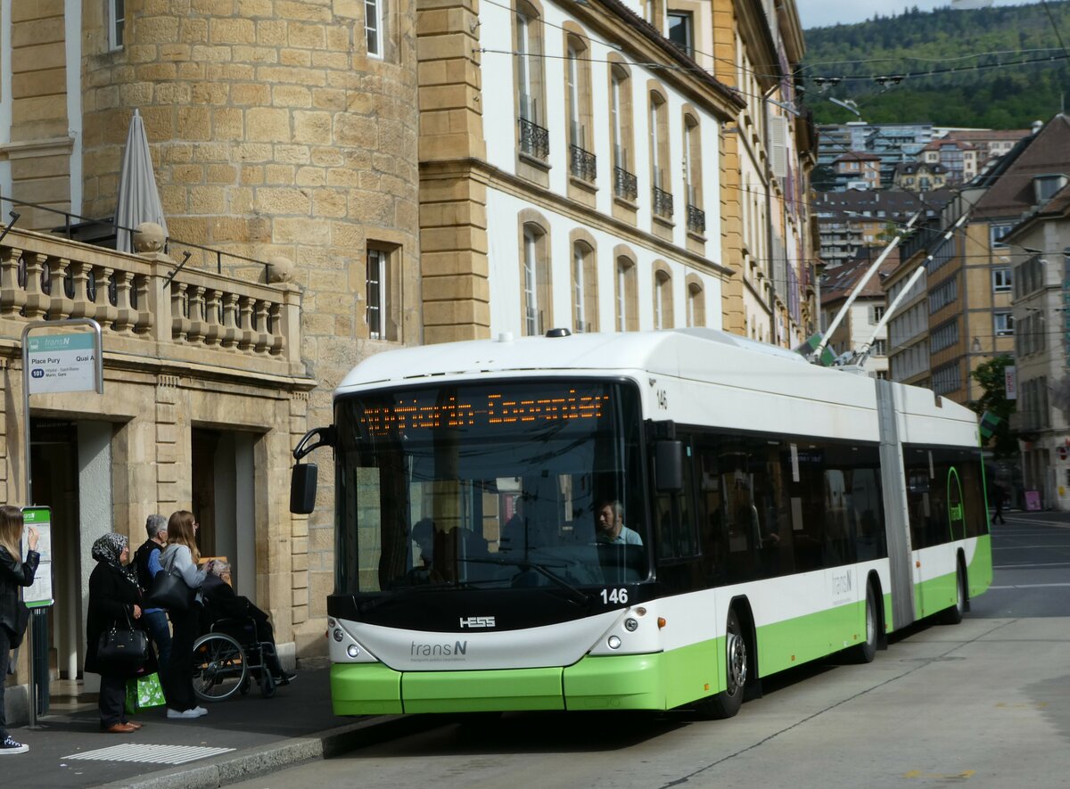 (249'575) - transN, La Chaux-de-Fonds - Nr. 146 - Hess/Hess Gelenktrolleybus (ex TN Neuch�tel Nr. 146) am 5. Mai 2023 in Neuch�tel, Place Pury