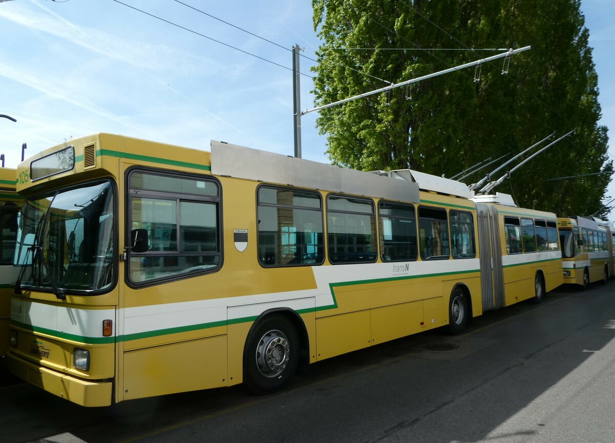 (249'615) - transN, La Chaux-de-Fonds - Nr. 105 - NAW/Hess Gelenktrolleybus (ex TN Neuch�tel Nr. 105) am 5. Mai 2023 in Neuch�tel, D�p�t