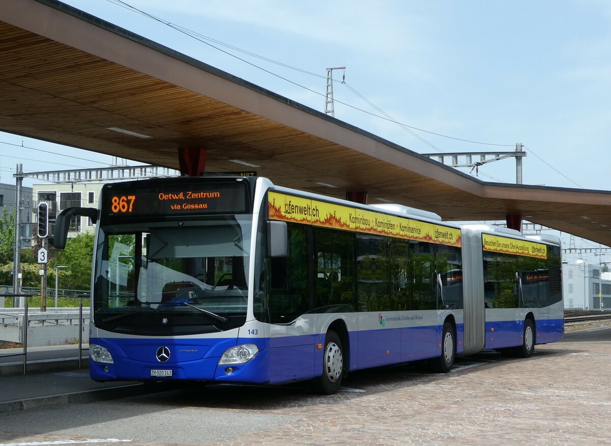 (250'331) - VZO Gr�ningen - Nr. 143/ZH 920'143 - Mercedes am 21. Mai 2023 beim Bahnhof Wetzikon