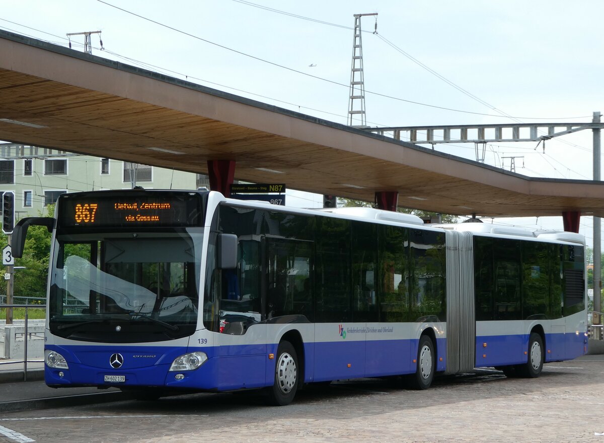 (250'364) - VZO Gr�ningen - Nr. 139/ZH 602'139 - Mercedes am 21. Mai 2023 beim Bahnhof Wetzikon