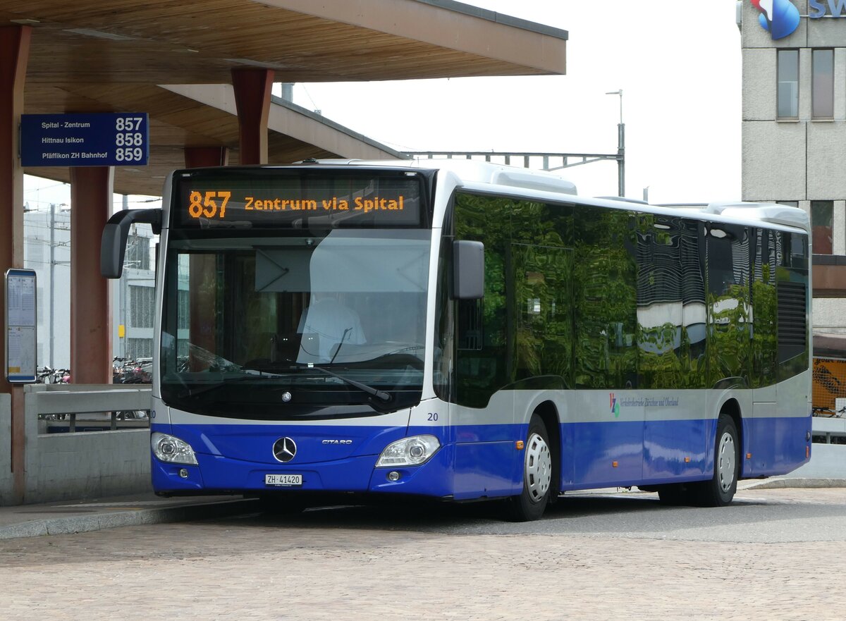 (250'365) - VZO Gr�ningen - Nr. 20/ZH 41'420 - Mercedes am 21. Mai 2023 beim Bahnhof Wetzikon