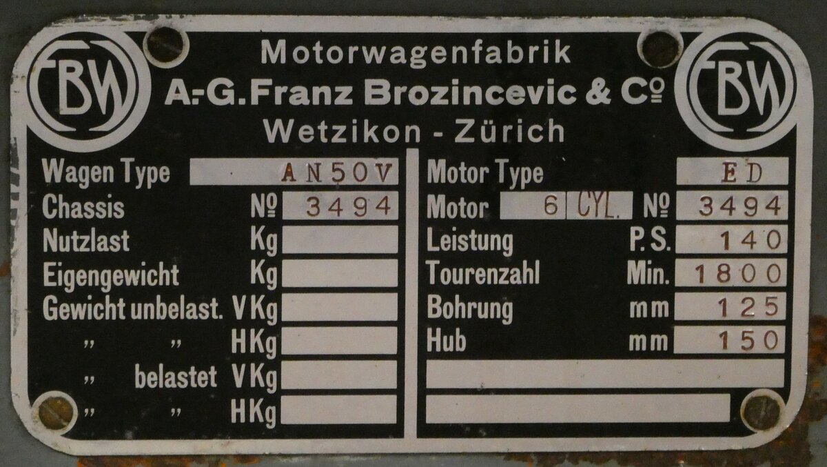 (251'306) - Typenschild - Koch-Sterchi, Ziefen - am 10. Juni 2023 in N�fels, FBW-Museum