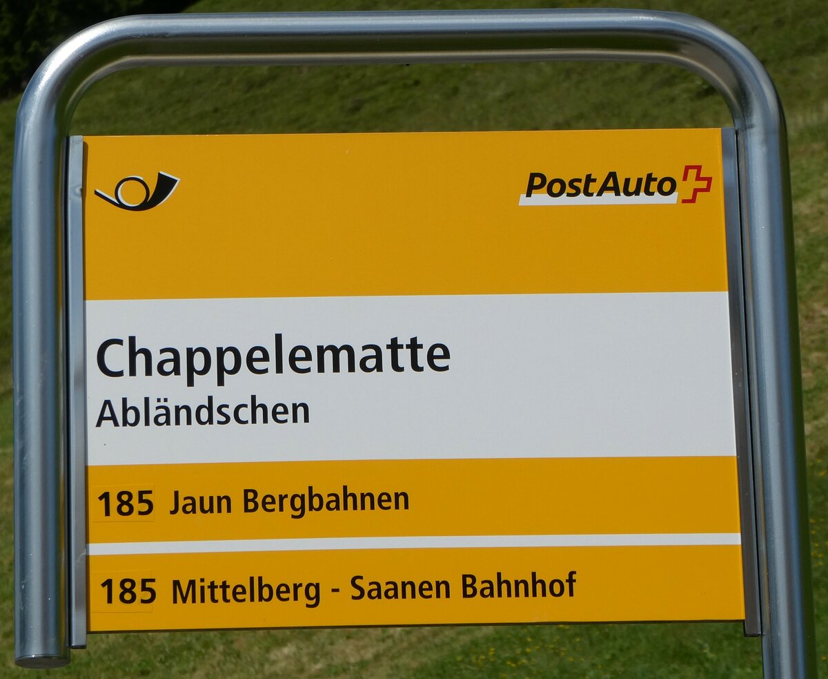 (252'176) - PostAuto-Haltestellenschild - Abl�ndschen, Chappelematte - am 1. Juli 2023