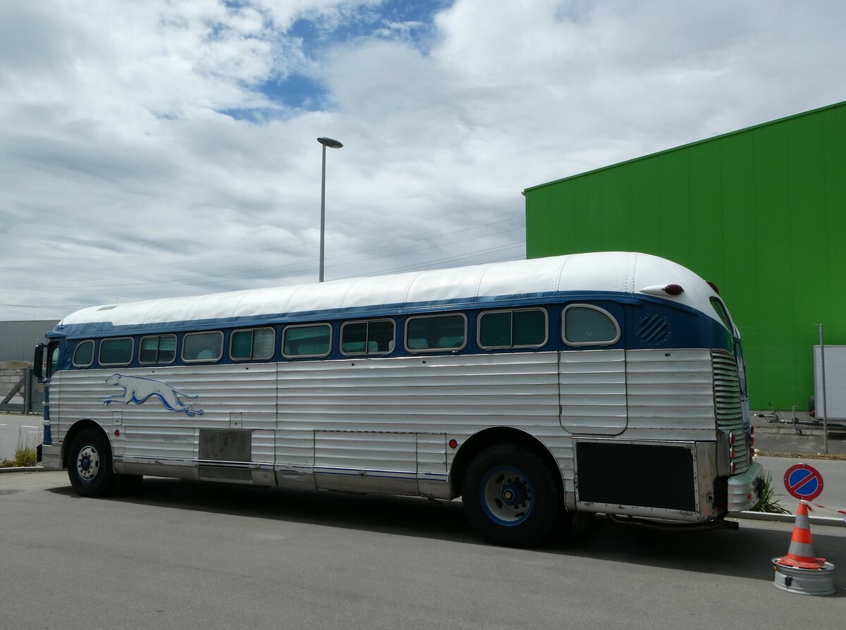 (252'224) - Greyhoundbus, Murten - GMC (ex Wooster, Z�rich; ex Northland Greyhound Lines, USA-Minneapolis Nr. N796) am 1. Juli 2023 in Kerzers, Interbus