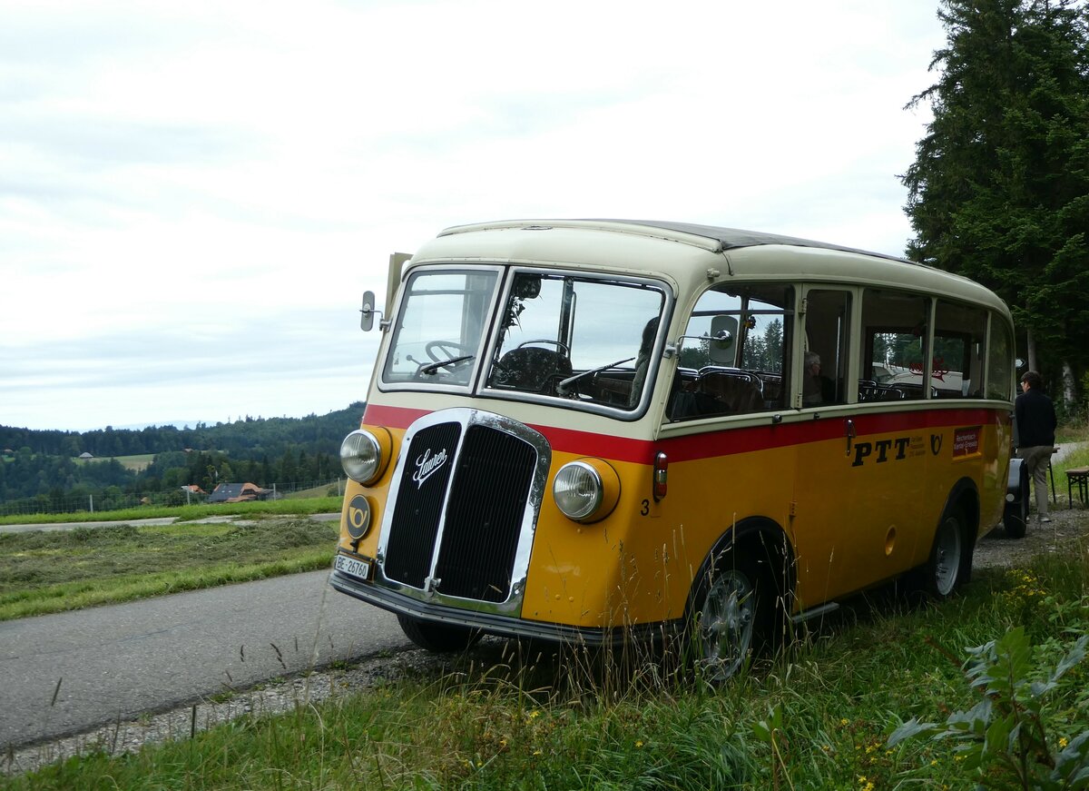 (253'537) - Schmid, Th�rishaus - Nr. 3/BE 26'760 - Saurer/Gangloff (ex Geiger, Adelboden Nr. 3) am 9. August 2023 bei Schwendi