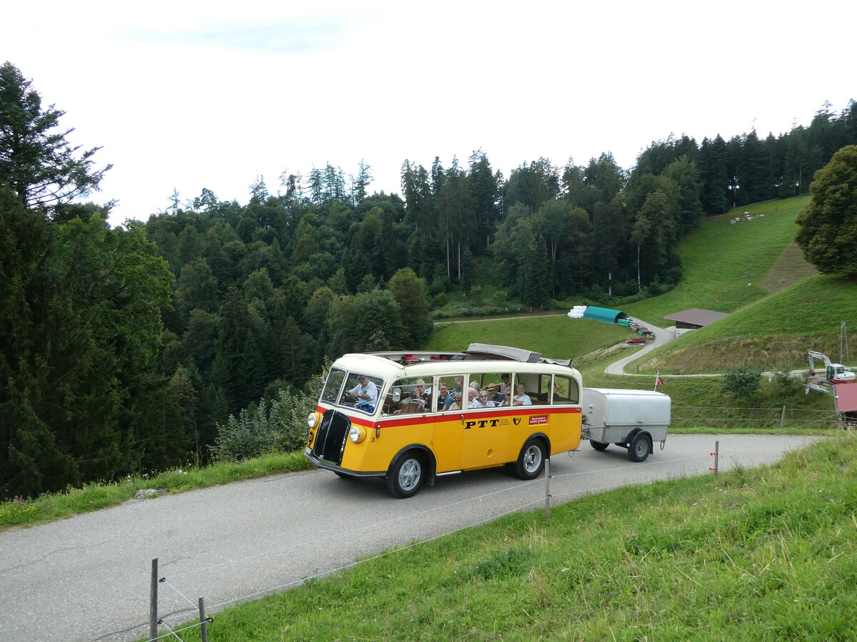 (253'561) - Schmid, Th�rishaus - Nr. 3/BE 26'760 - Saurer/Gangloff (ex Geiger, Adelboden Nr. 3) am 9. August 2023 in Bigenthal, Hellweid