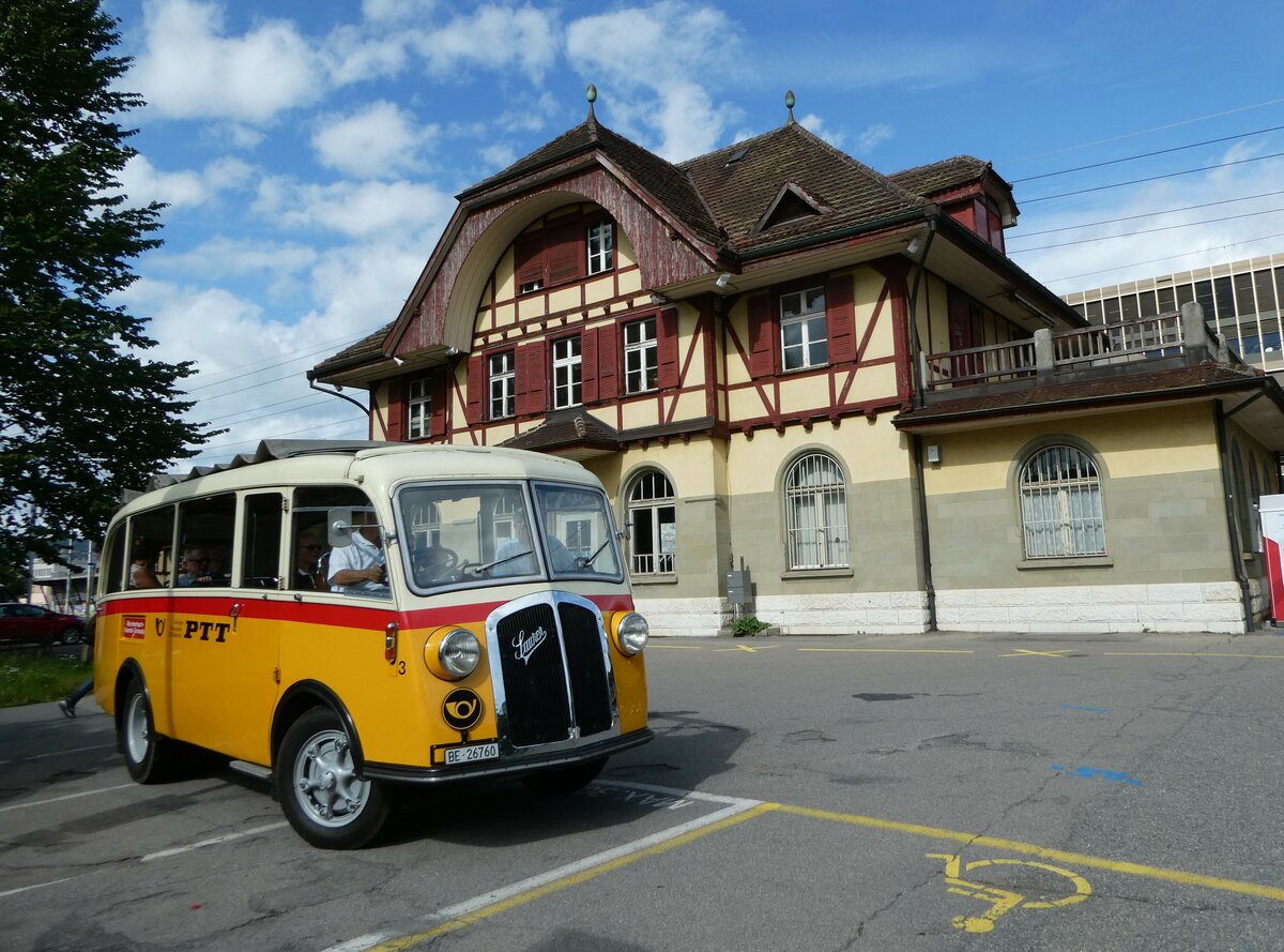 (253'578) - Schmid, Th�rishaus - Nr. 3/BE 26'760 - Saurer/Gangloff (ex Geiger, Adelboden Nr. 3) am 9. August 2023 beim Bahnhof Ostermundigen