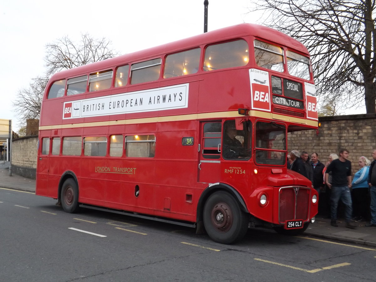 254 CLT
1962 AEC Routemaster
Park Royal H38/31F
London Transport RMF 1254

Seen here in Lincoln, England whilst operating a shuttle service between the Town Centre and the Lincolnshire Vintage Vehicle Museum in relation to their Open Day on 2nd November 2014.  This bus also operated/was demonstrated to Northern General Transport, Newcastle upon Tyne, England.

Status: Preserved.