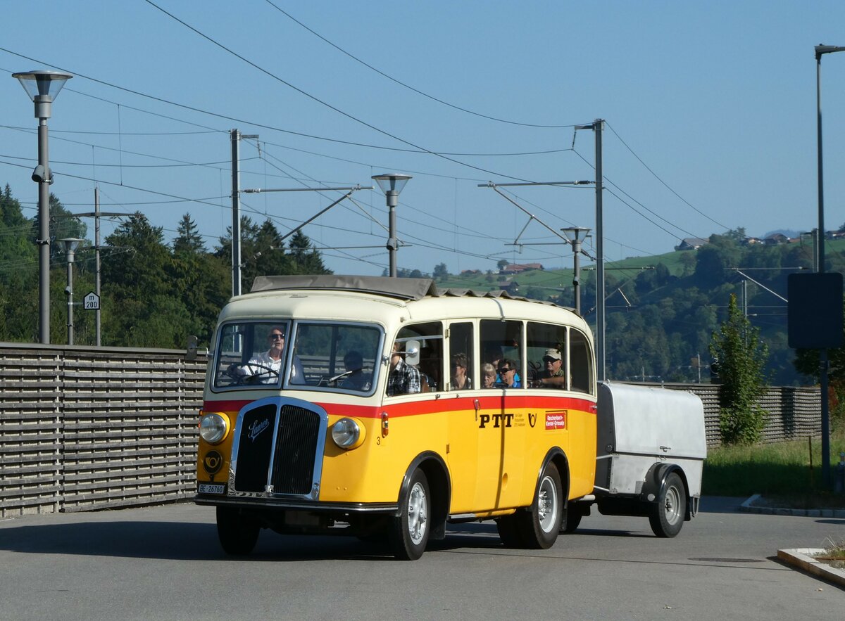 (255'045) - Schmid, Th�rishaus - Nr. 3/BE 26'760 - Saurer/Gangloff (ex Geiger, Adelboden Nr. 3) am 10. September 2023 beim Bahnhof Reichenbach