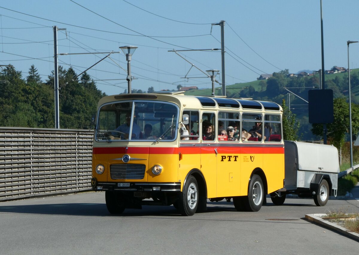 (255'048) - Schmid, Th�rishaus - Nr. 9/BE 26'105 - Saurer/R&J (ex Geiger, Adelboden Nr. 9) am 10. September 2023 beim Bahnhof Reichenbach