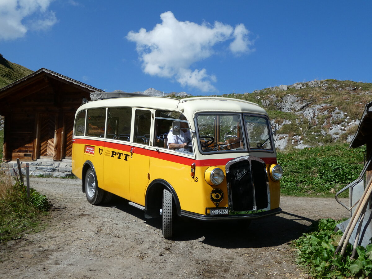 (255'081) - Schmid, Th�rishaus - Nr. 3/BE 26'760 - Saurer/Gangloff (ex Geiger, Adelboden Nr. 3) am 10. September 2023 auf der Bundalp