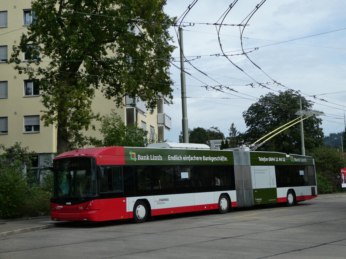 (255'157) - SW Winterthur - Nr. 108 - Hess/Hess Gelenktrolleybus am 13. September 2023 in Winterthur, W�lflingen