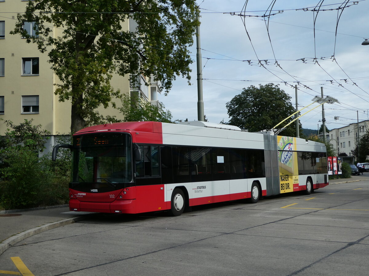 (255'169) - SW Winterthur - Nr. 102 - Hess/Hess Gelenktrolleybus am 13. September 2023 in Winterthur, W�lflingen