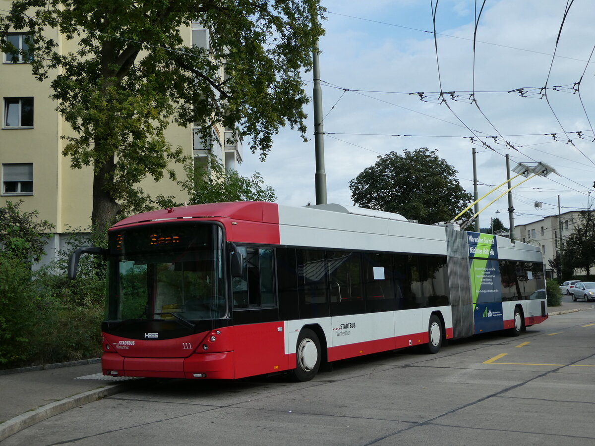 (255'171) - SW Winterthur - Nr. 111 - Hess/Hess Gelenktrolleybus am 13. September 2023 in Winterthur, W�lflingen