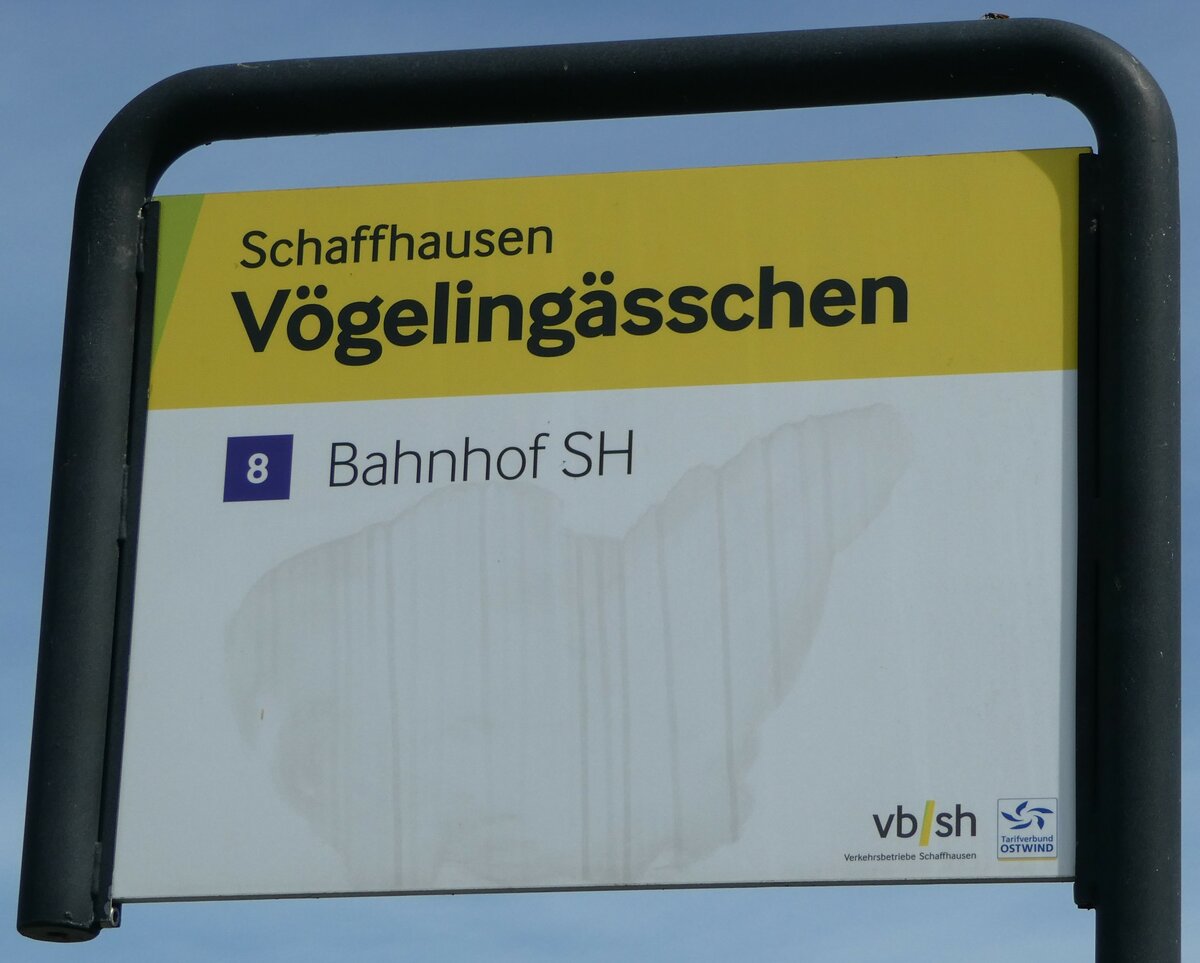 (255'316) - vb/sh-Haltestellenschild - Schaffhausen, V�geling�sschen - am 17. September 2023