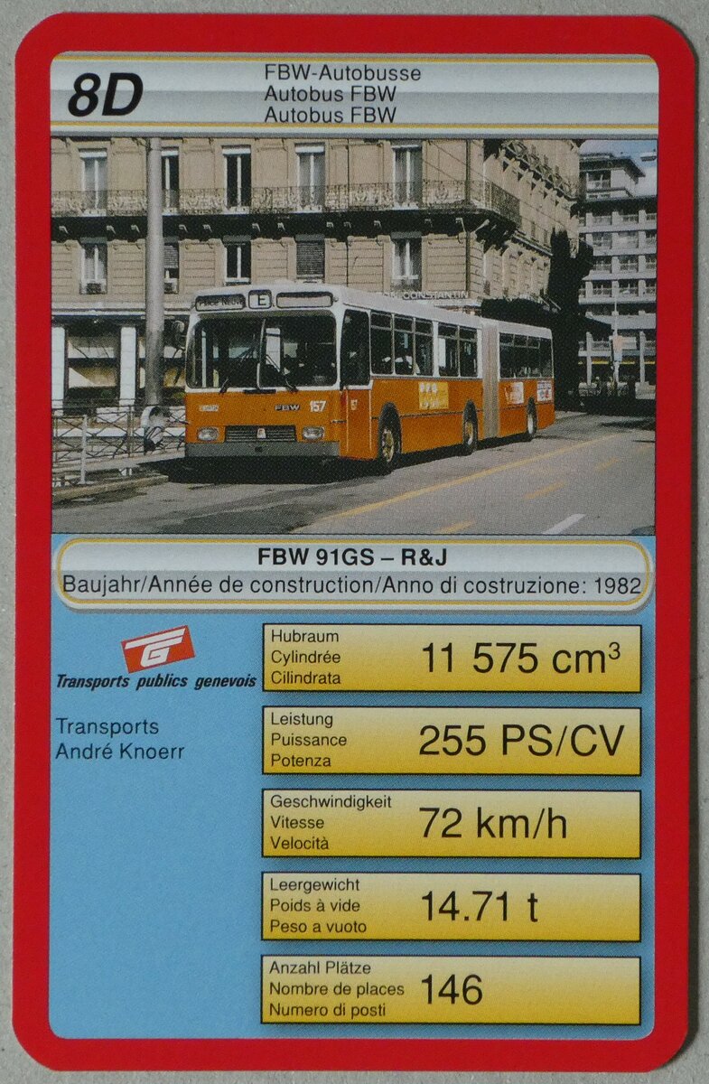 (255'437) - Quartett-Spielkarte mit TPG Gen�ve Nr. 157 am 19. September 2023 in Thun