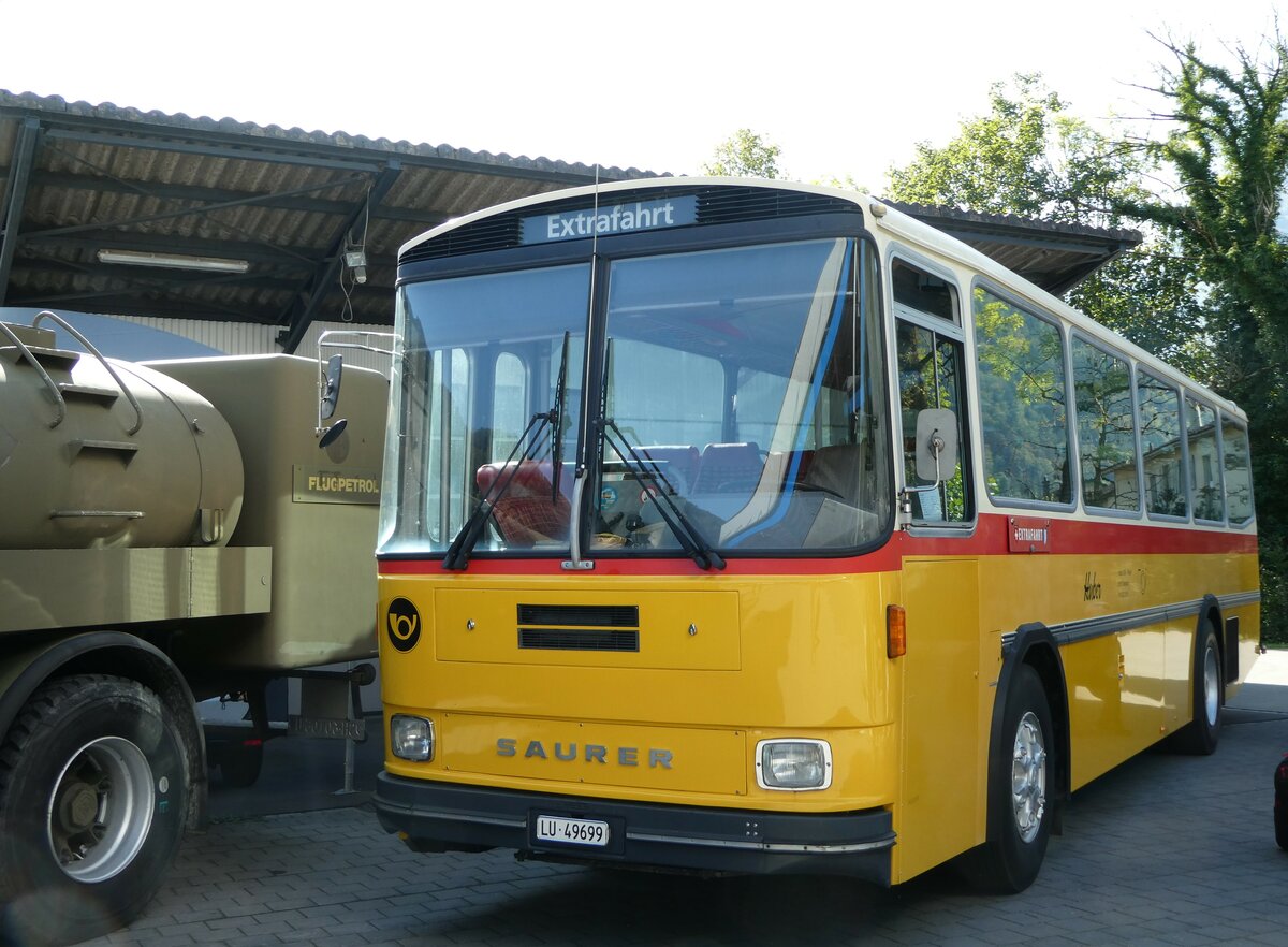 (255'956) - Huber, Oberkirch - LU 49'699 - Saurer/R&J (ex Frigg, Zernez; ex P 24'283) am 7. Oktober 2023 in N�fels, FBW-Museum