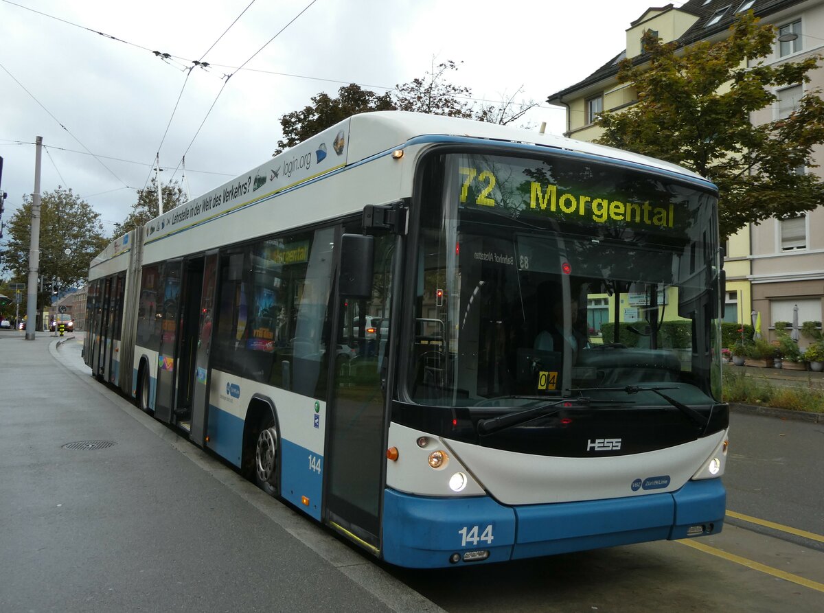 (256'210) - VBZ Z�rich - Nr. 144 - Hess/Hess Gelenktrolleybus am 21. Oktober 2023 in Z�rich, Milchbuck