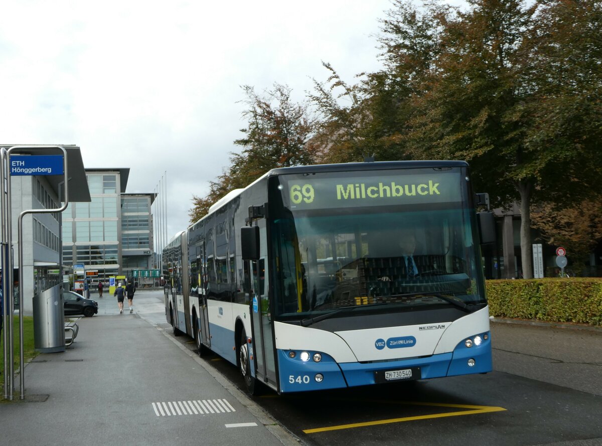 (256'218) - VBZ Z�rich - Nr. 540/ZH 730'540 - Neoplan am 21. Oktober 2023 in Z�rich, ETH H�nggerberg