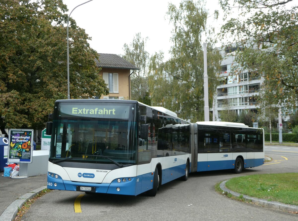 (256'330) - VBZ Z�rich - Nr. 540/ZH 730'540 - Neoplan am 21. Oktober 2023 in Z�rich, Hungerbergstrasse