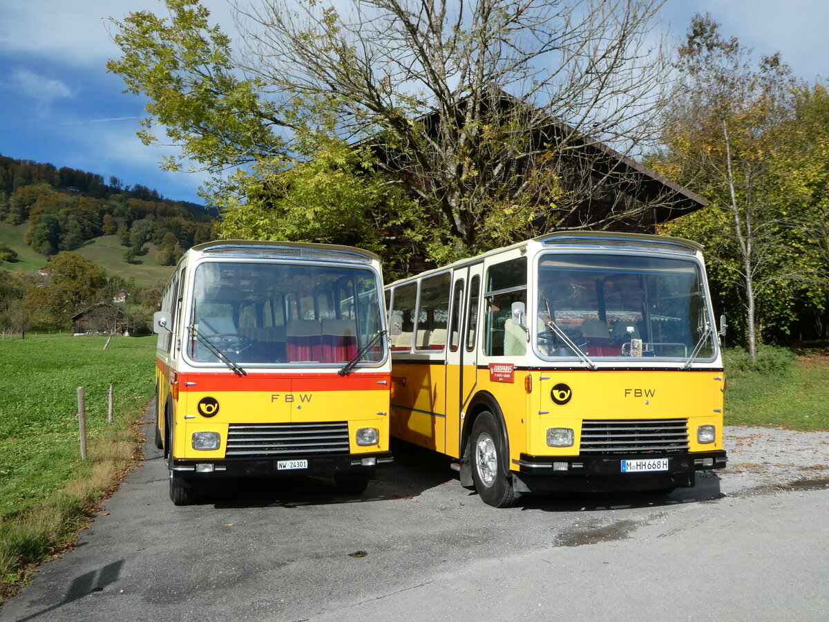 (256'491) - Lambach, Gommiswald - NW 24'301 - FBW/Eggli (ex Tanner+Lambach, Reigoldswil; ex Lambach, Rieden; ex Meier, Gr�t, ex AVG Grindelwald Nr. 13; ex P 24'182) + aus Deutschland: Hahn, M�nchen - M-HH 668H - FBW/FHS (ex Michels, Schmallenberg; ex FRAM Drachten/NL Nr. 5; ex P 24'184) am 28. Oktober 2023 in Giswil, Grossteilstrasse (Teilaufnahme)