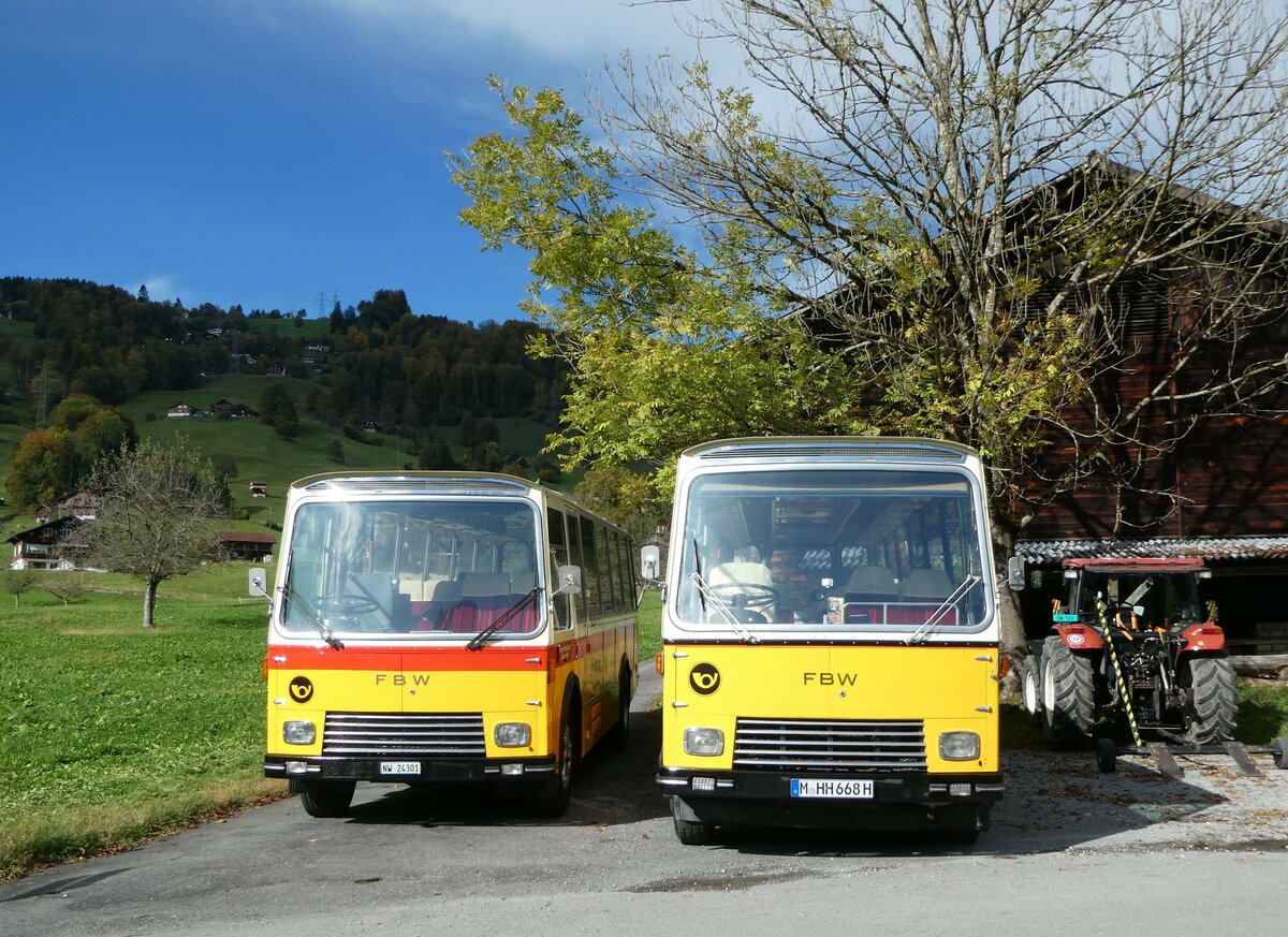 (256'492) - Lambach, Gommiswald - NW 24'301 - FBW/Eggli (ex Tanner+Lambach, Reigoldswil; ex Lambach, Rieden; ex Meier, Gr�t; ex AVG Grindelwald Nr. 13; ex P 24'182) + aus Deutschland: Hahn, M�nchen - M-HH 668H - FBW/FHS (ex Michels, Schmallenberg; ex FRAM Drachten/NL Nr. 5; ex P 24'184) am 28. Oktober 2023 in Giswil, Grossteilstrasse