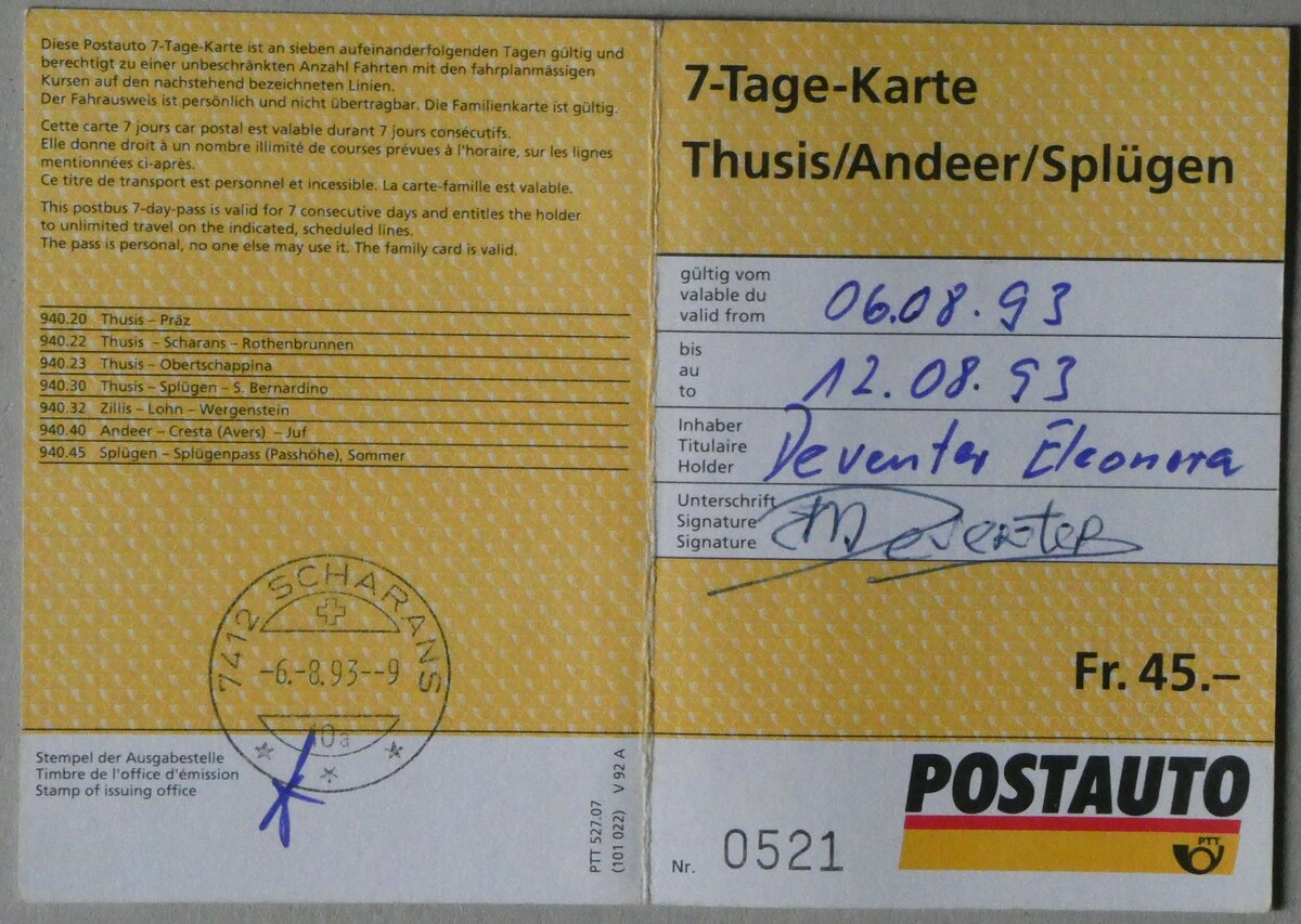 (256'539) - Postauto-7-Tage-Karte - Thusis/Andeer/Spl�gen - am 29. Oktober 2023 in Thun