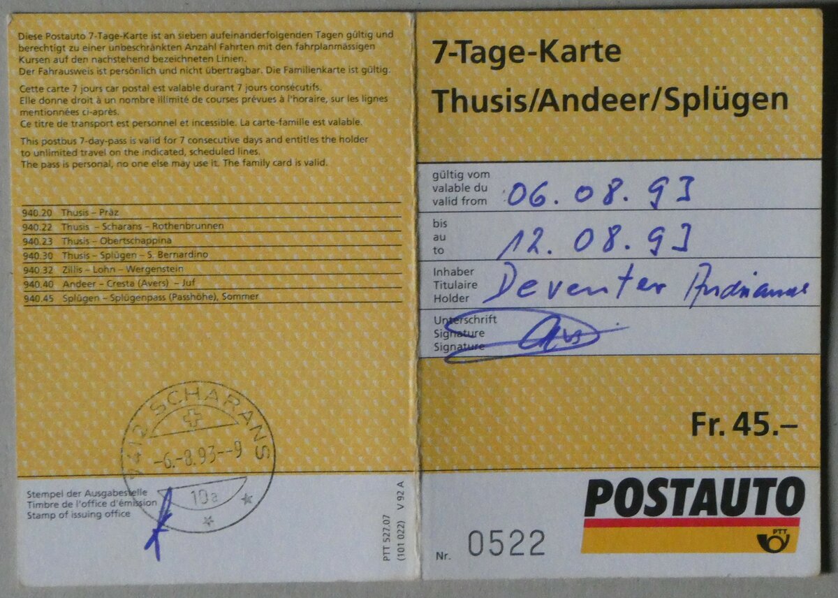 (256'540) - Postauto-7-Tage-Karte - Thusis/Andeer/Spl�gen - am 29. Oktober 2023 in Thun 