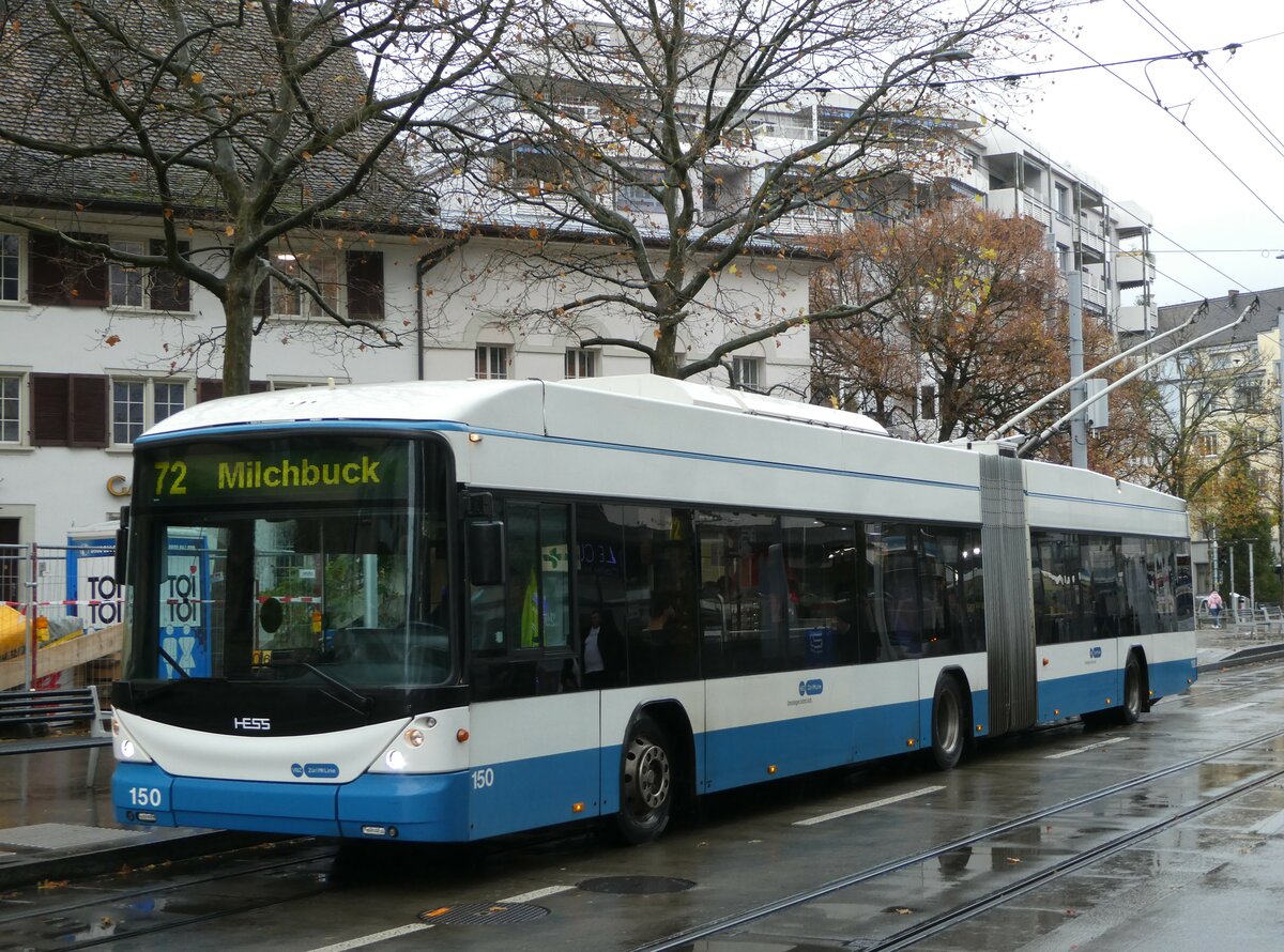 (257'216) - VBZ Z�rich - Nr. 150 - Hess/Hess Gelenktrolleybus am 24. November 2023 in Z�rich, Schmiede Wiedikon