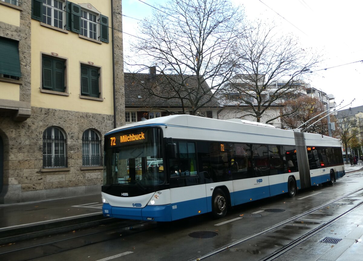 (257'220) - VBZ Z�rich - Nr. 168 - Hess/Hess Gelenktrolleybus am 24. November 2023 in Z�rich, Schmiede Wiedikon