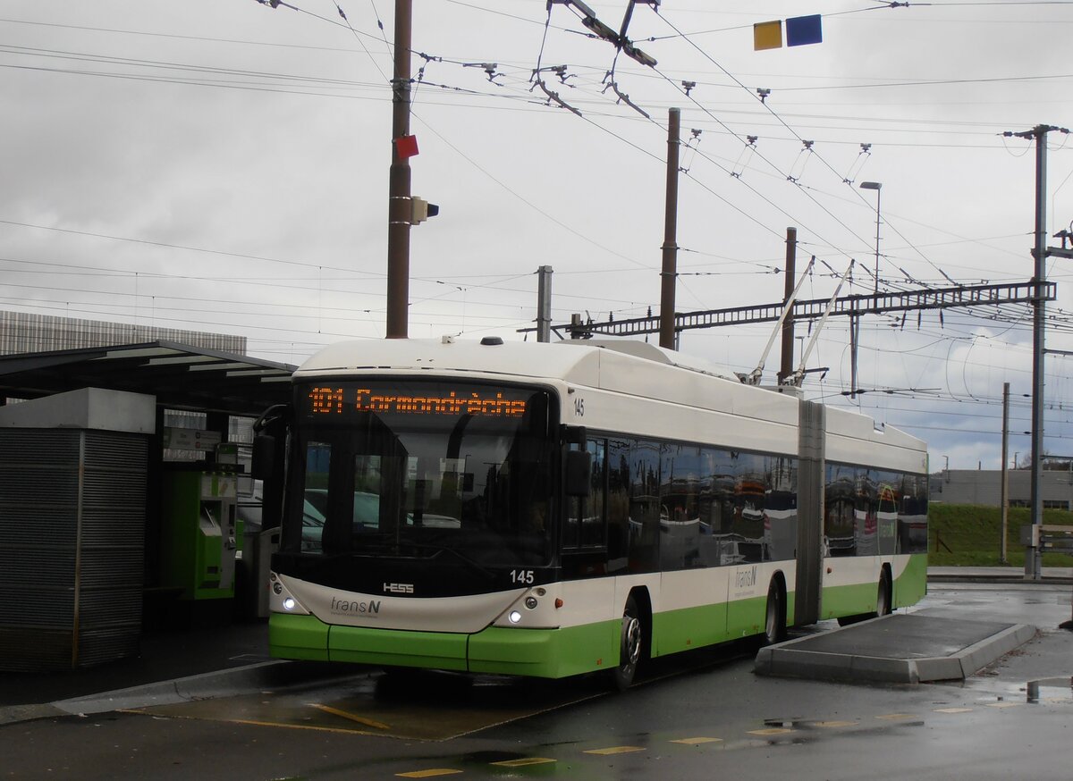 (257'552) - transN, La Chaux-de-Fonds - Nr. 145 - Hess/Hess Gelenktrolleybus (ex TN Neuch�tel Nr. 145) am 11. Dezember 2023 beim Bahnhof Marin-�pagnier