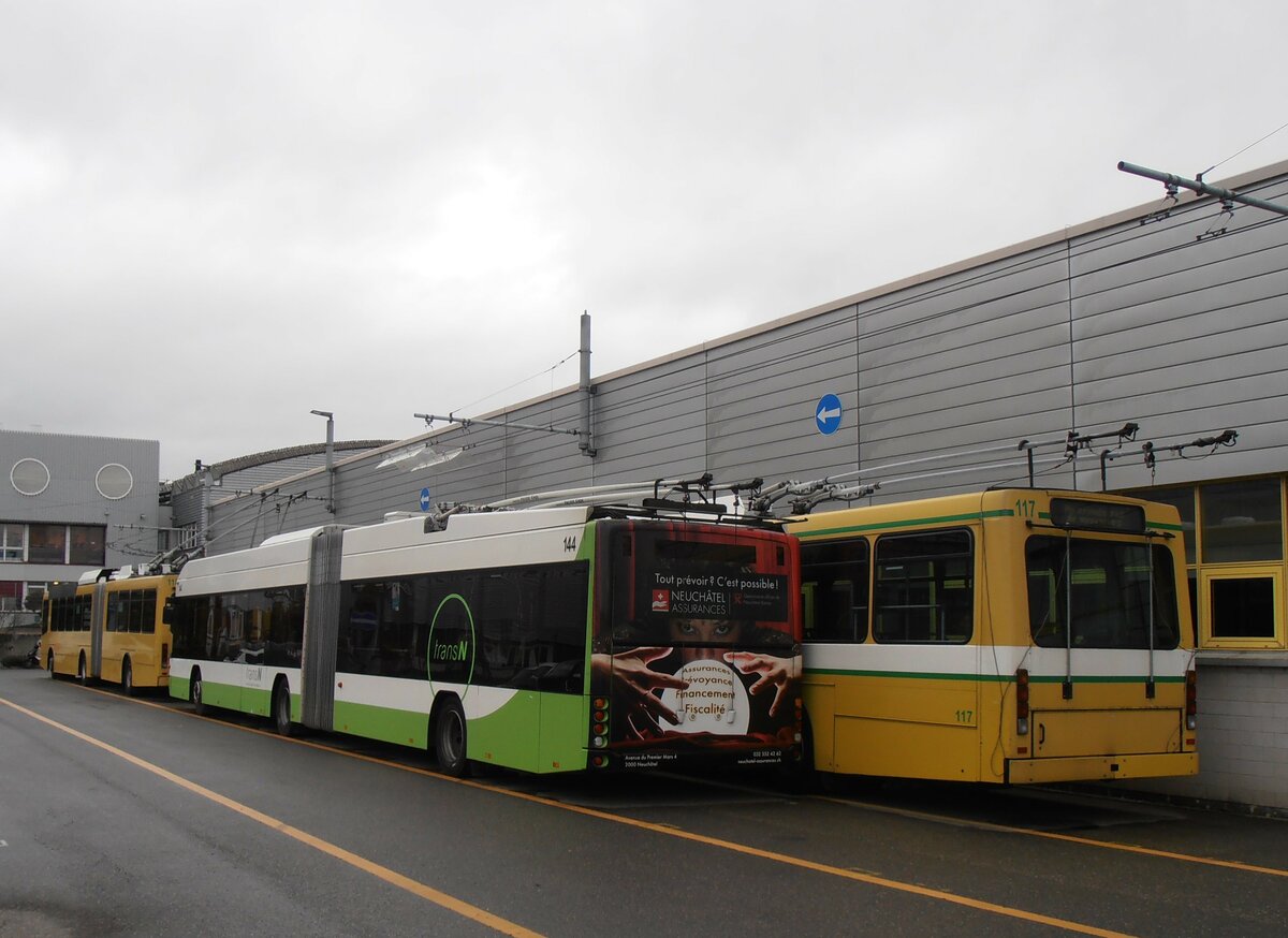 (257'738) - transN, La Chaux-de-Fonds - Nr. 144 - Hess/Hess Gelenktrolleybus (ex TN Neuch�tel Nr. 144) am 21. Dezember 2023 in Marin, D�p�t