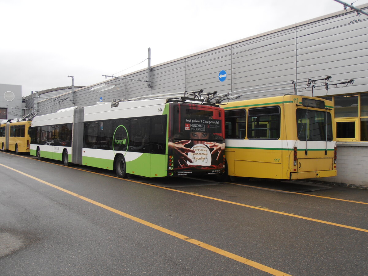 (257'739) - transN, La Chaux-de-Fonds - Nr. 144 - Hess/Hess Gelenktrolleybus (ex TN Neuch�tel Nr. 144) am 21. Dezember 2023 in Marin, D�p�t