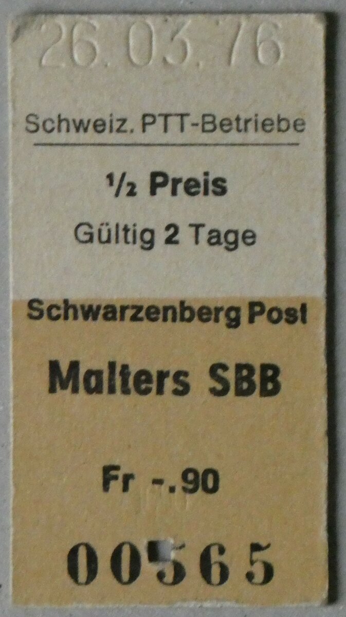 (258'493) - PTT-Einzelbillet vom 26. M�rz 1976 am 8. Januar 2024 in Thun
