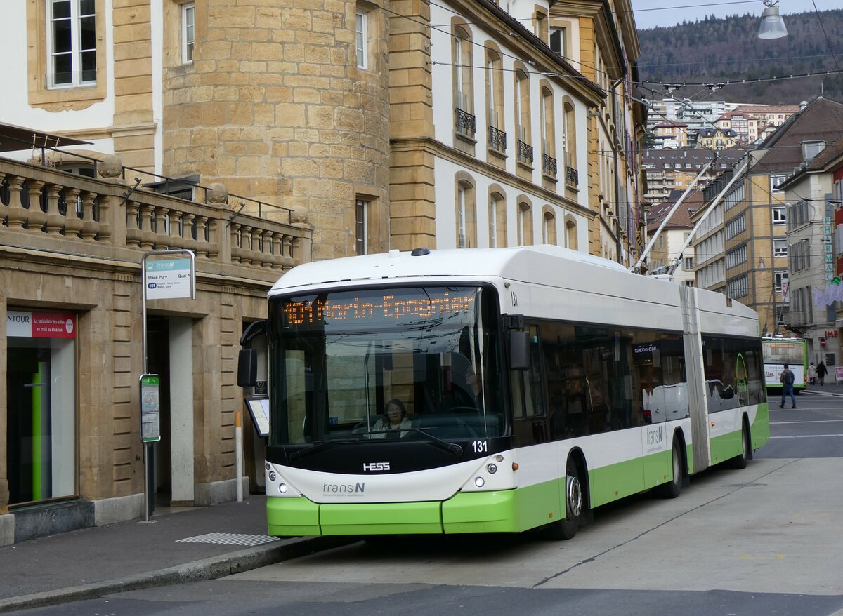 (258'918) - transN, La Chaux-de-Fonds - Nr. 131 - Hess/Hess Gelenktrolleybus (ex TN Neuch�tel Nr. 131) am 26. Januar 2024 in Neuch�tel, Place Pury