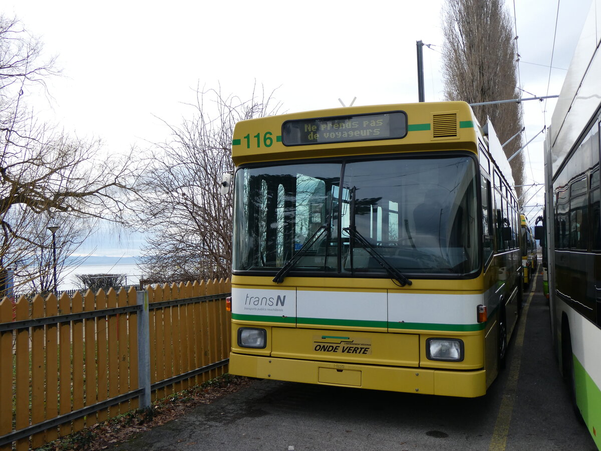 (258'920) - transN, La Chaux-de-Fonds - Nr. 116 - NAW/Hess Gelenktrolleybus (ex TN Neuch�tel Nr. 116) am 26. Januar 2024 in Neuch�tel, D�p�t