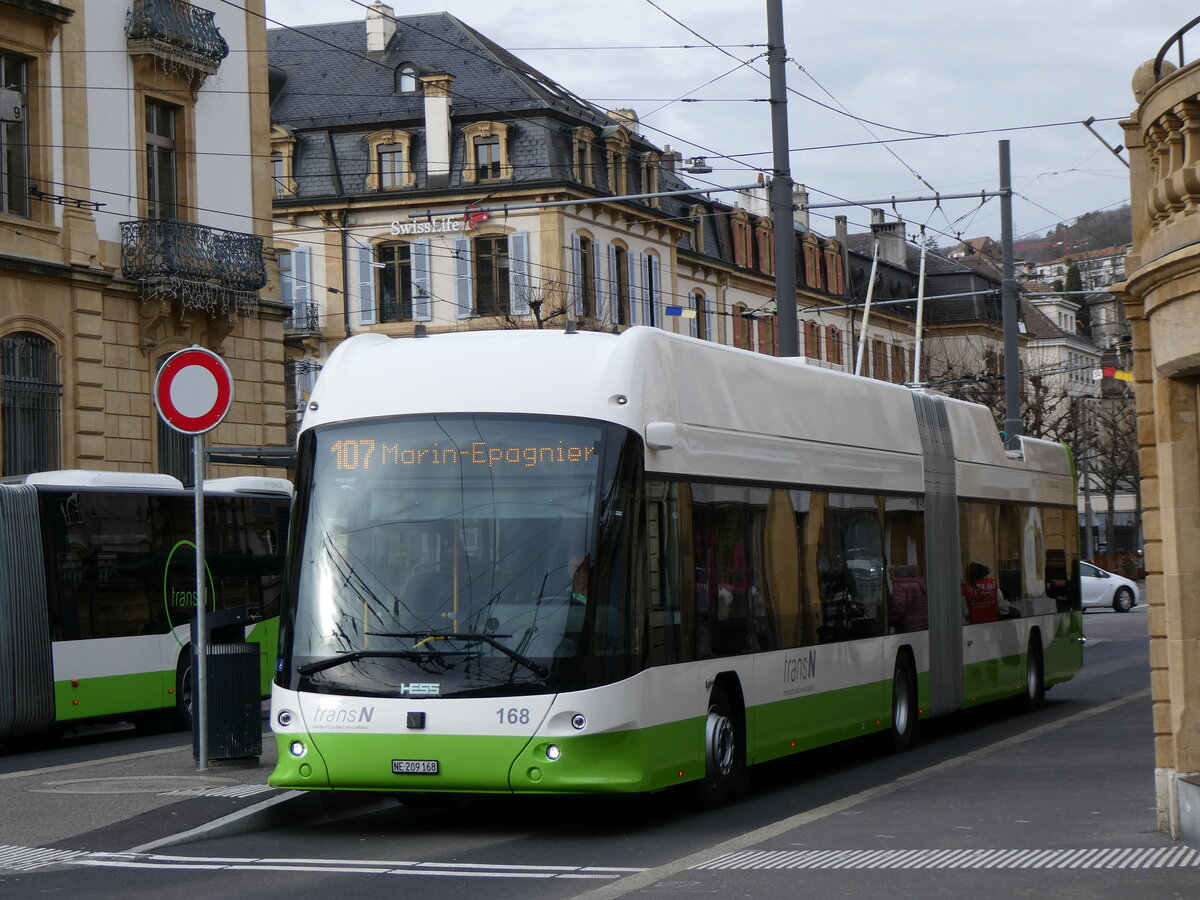 (258'930) - transN, La Chaux-de-Fonds - Nr. 168/NE 209'168 - Hess/Hess Gelenktrolleybus am 26. Januar 2024 in Neuch�tel, Place Pury