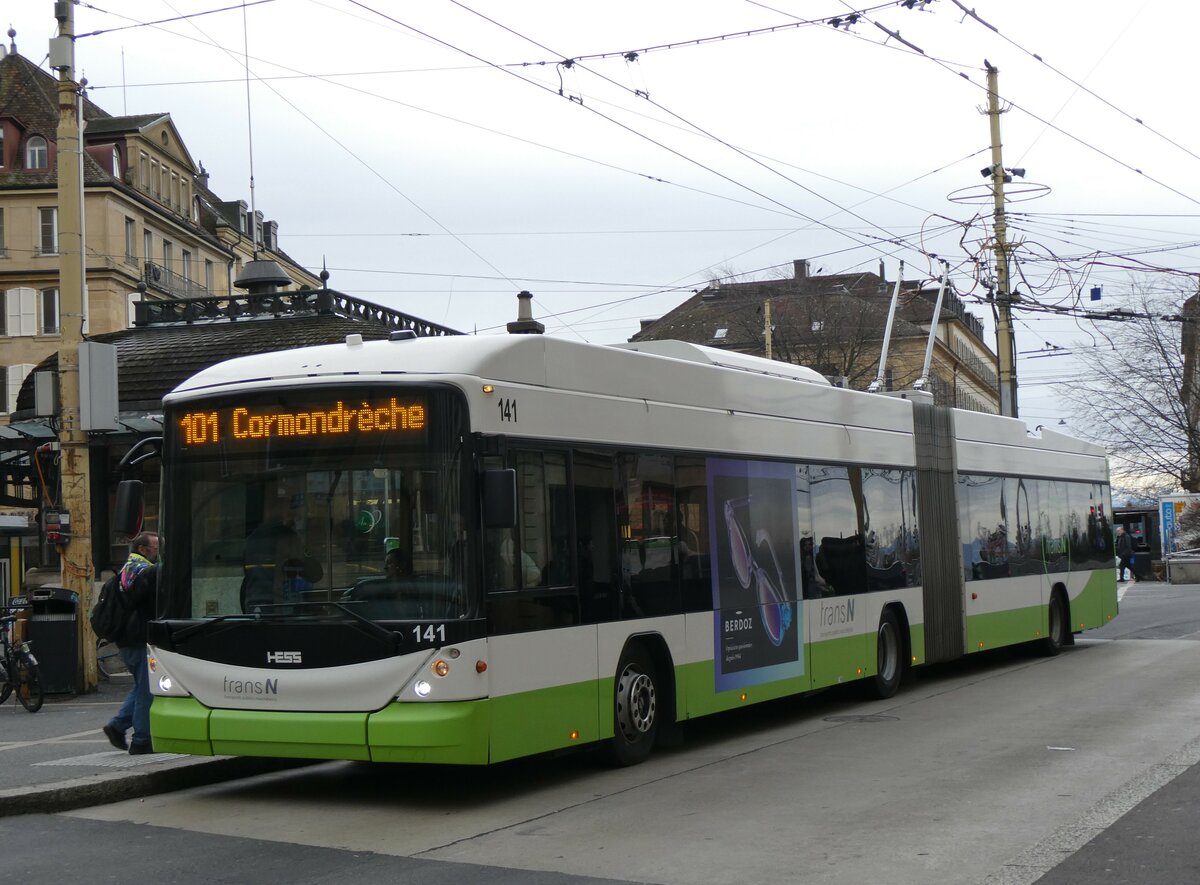 (258'944) - transN, La Chaux-de-Fonds - Nr. 141 - Hess/Hess Gelenktrolleybus (ex TN Neuch�tel Nr. 141) am 26. Januar 2024 in Neuch�tel, Place Pury