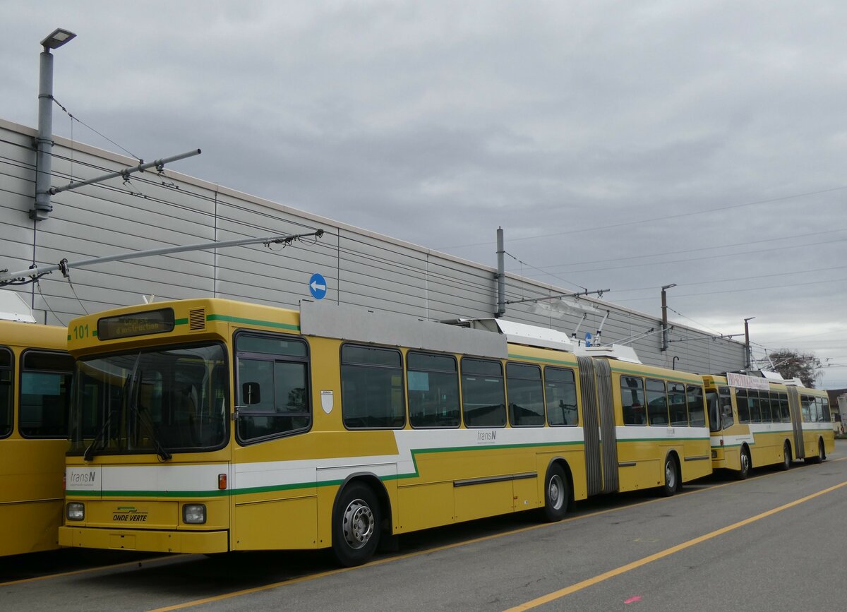 (258'947) - transN, La Chaux-de-Fonds - Nr. 101 - NAW/Hess Gelenktrolleybus (ex TN Neuch�tel Nr. 101) am 26. Januar 2024 in Marin, D�p�t