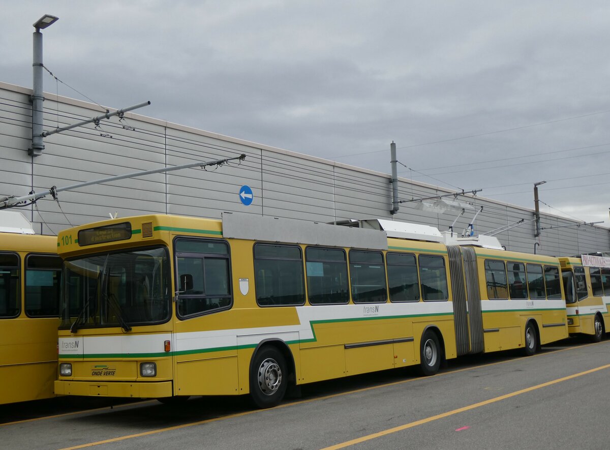 (258'949) - transN, La Chaux-de-Fonds - Nr. 101 - NAW/Hess Gelenktrolleybus (ex TN Neuch�tel Nr. 101) am 26. Januar 2024 in Marin, D�p�t