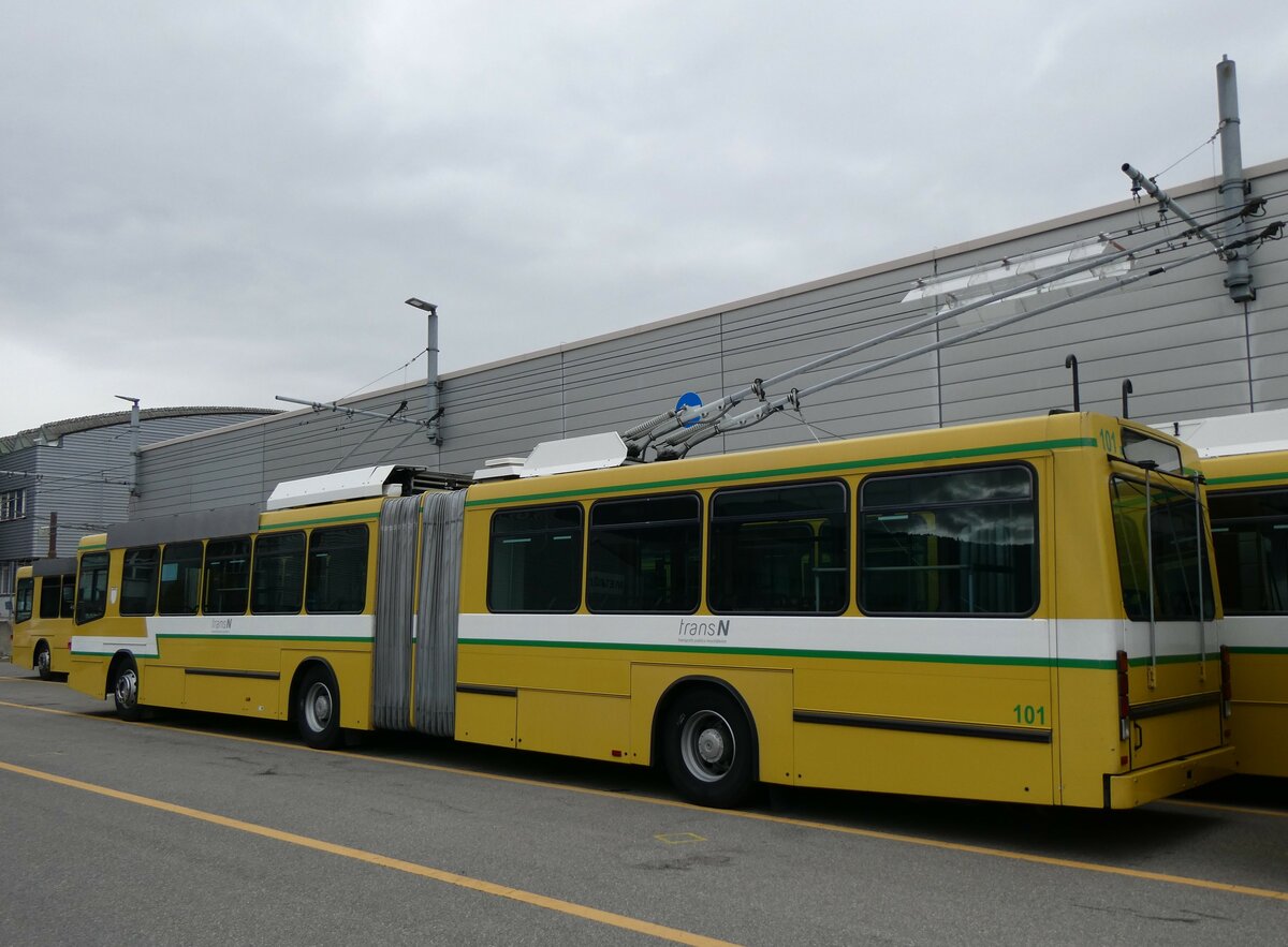 (258'953) - transN, La Chaux-de-Fonds - Nr. 101 - NAW/Hess Gelenktrolleybus (ex TN Neuch�tel Nr. 101) am 26. Januar 2024 in Marin, D�p�t