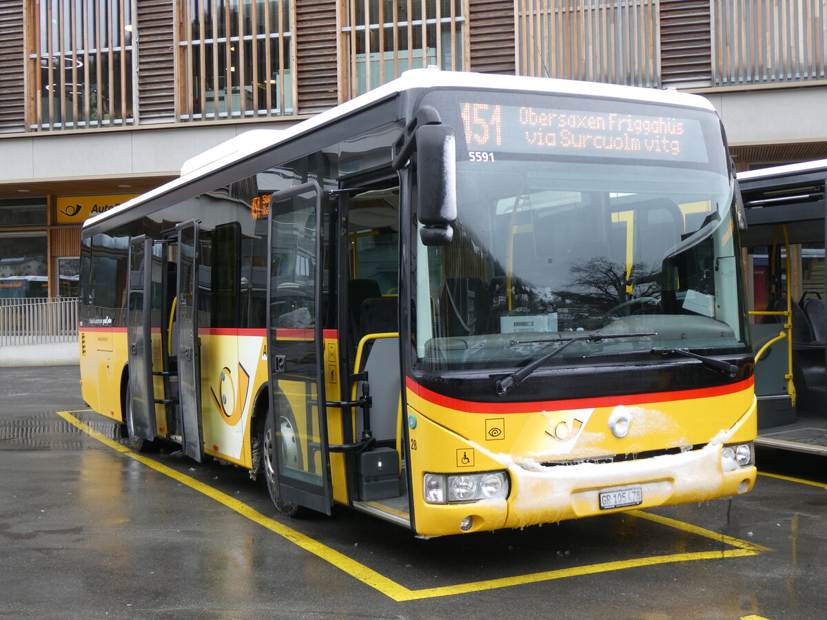 (259'552) - PostAuto Graub�nden - Nr. 28/GR 105'478/PID 5591 - Irisbus (ex Nr. 22; ex Fontana, Ilanz Nr. 22) am 23. Februar 2024 beim Bahnhof Ilanz
