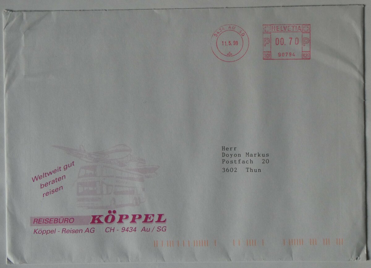 (259'898) - K�ppel-Briefumschlag vom 11. Mai 1998 am 3. M�rz 2024 in Thun