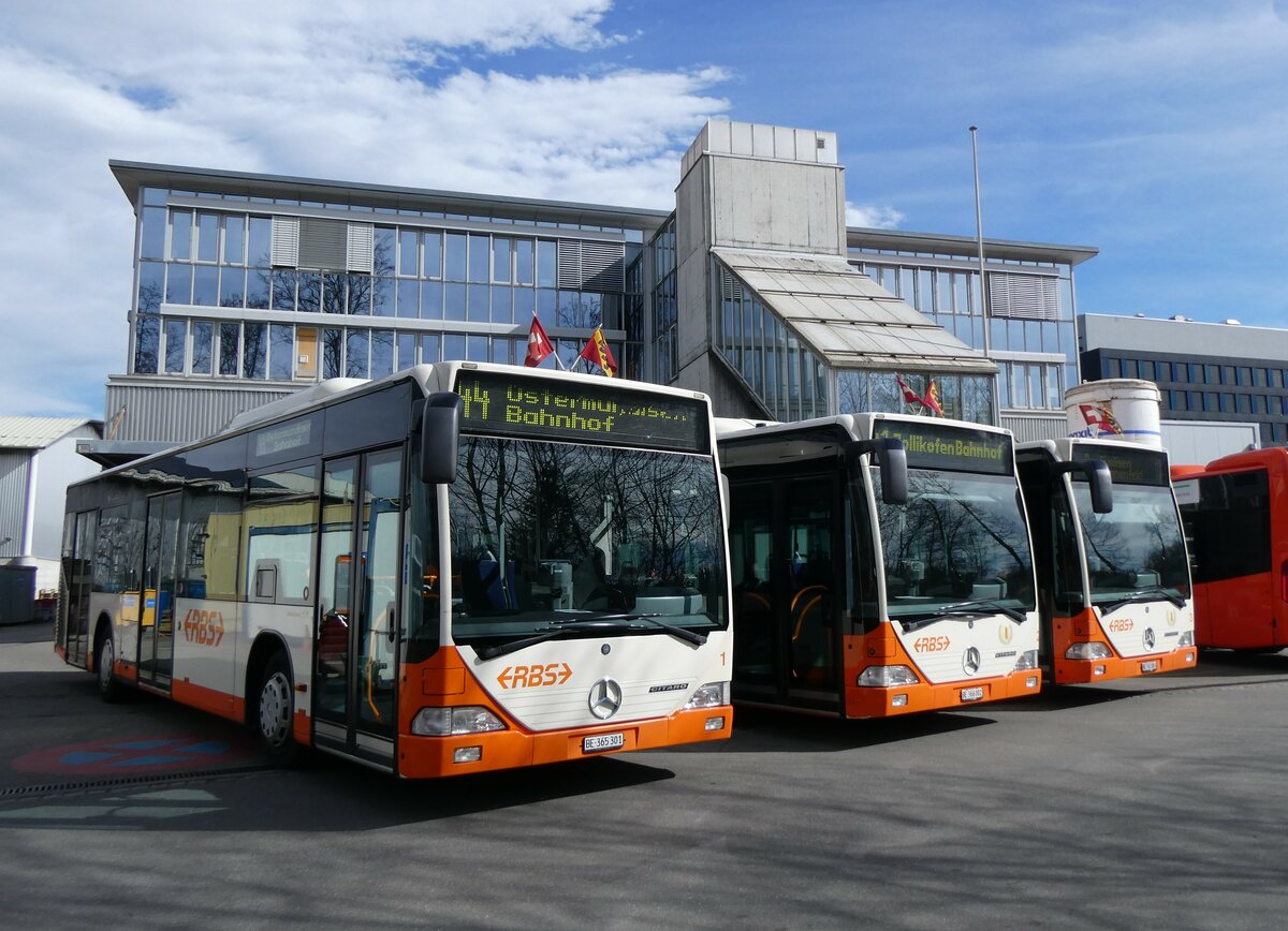 (259'964) - RBS Worblaufen - Nr. 1/BE 365'301 + Nr. 2/BE 366'002 + Nr. 3/BE 767'003 - Mercedes am 3. M�rz 2024 in Worblaufen, Garage